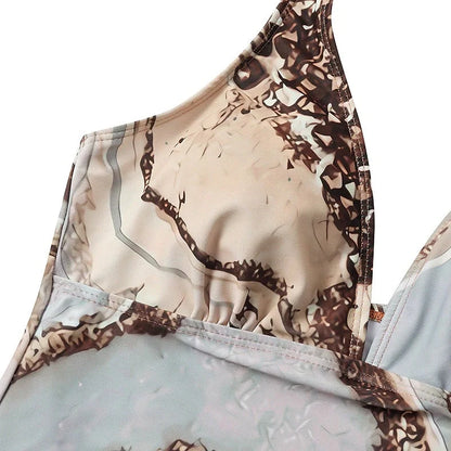 Brown polyester split bikini for women showing top and bottom pieces with size range S to XXL