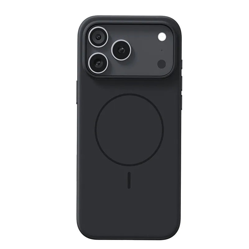 Black matte frosted MagSafe protective case for iPhone 17 Pro Max showing camera cover.