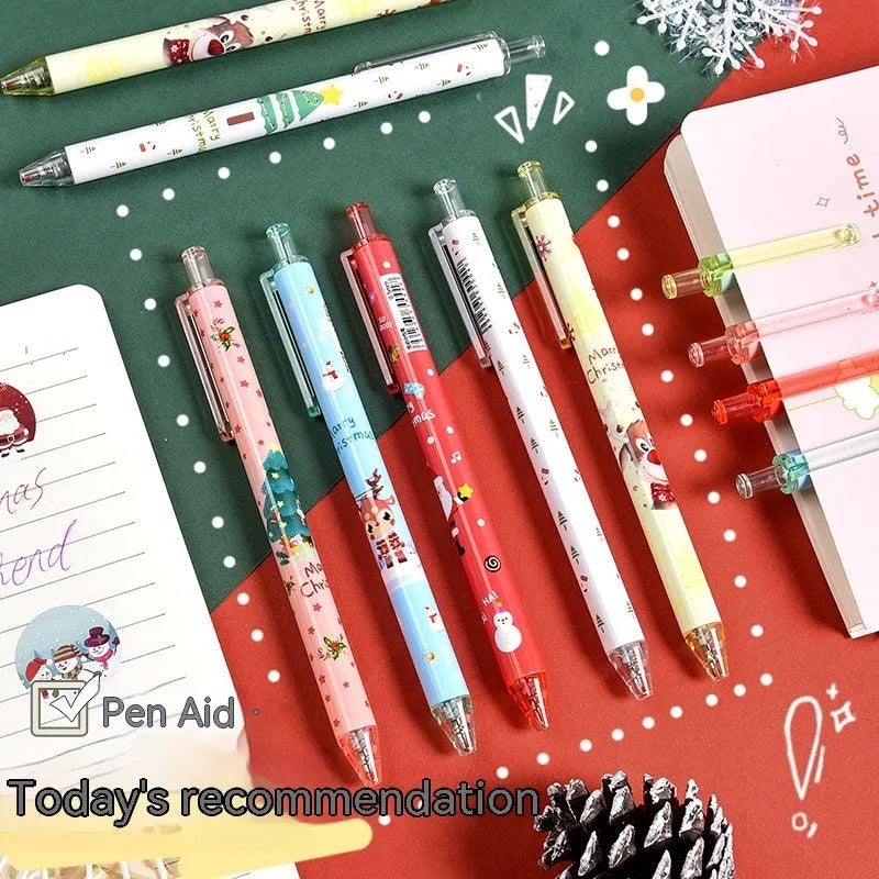 Set of six black ink cartoon design pens packaged as a Christmas reward gift.