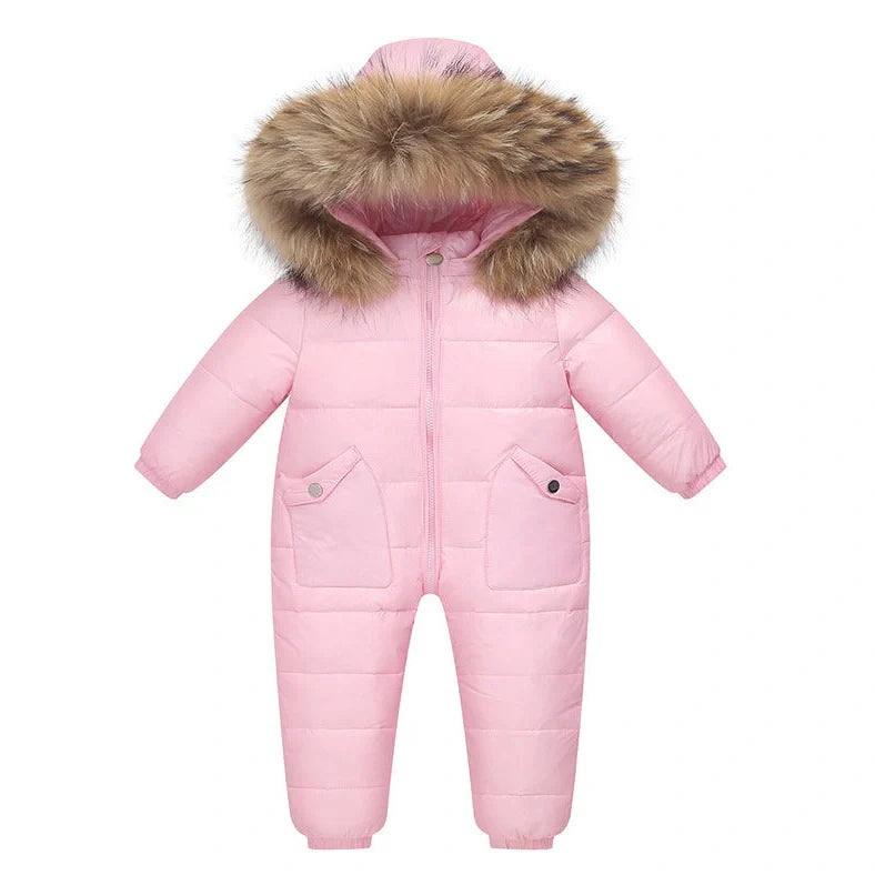 Baby wearing white duck down jacket with hood in yellow colour, suitable for 90-120cm heights