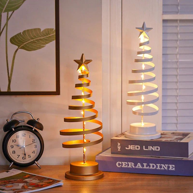 Festive LED Christmas tree lamp with spiral design and warm white lighting, creating a cozy holiday atmosphere in homes and offices