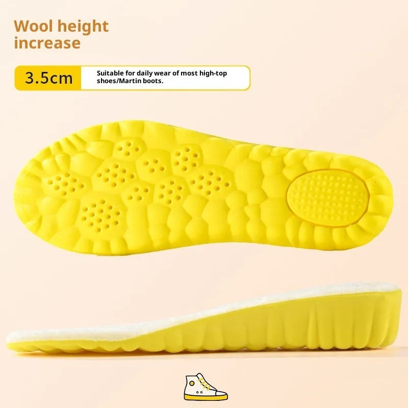 Fleece lined winter height increasing insoles in three lift heights on white background