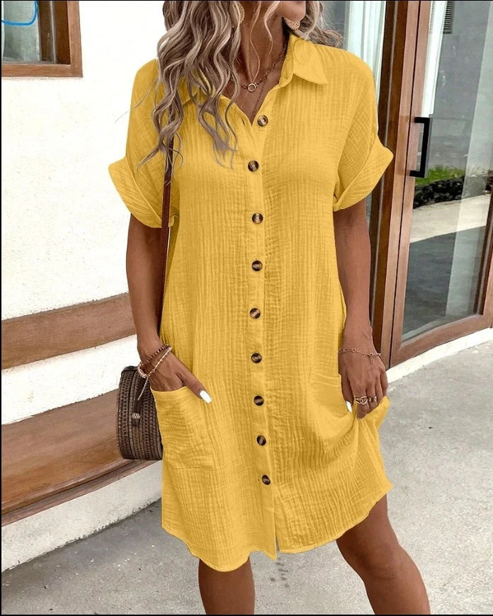Summer short sleeve shirt dress in various colours, showcasing loose fit and mid-length design