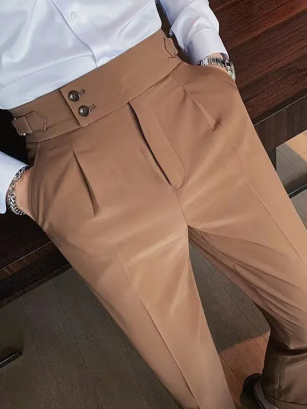 Retro high waist straight-leg trousers in cotton blend fabric showing black, brown, gray, and white colour options
