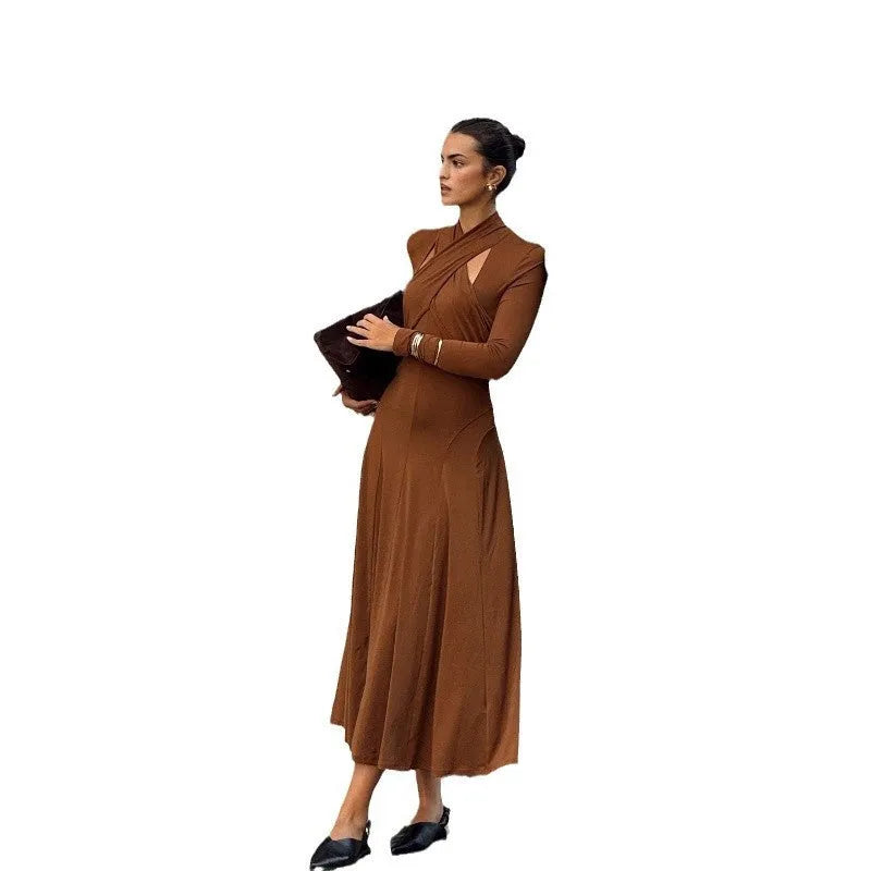 Fashion slim fit brown halter long sleeve dress with high waist princess silhouette