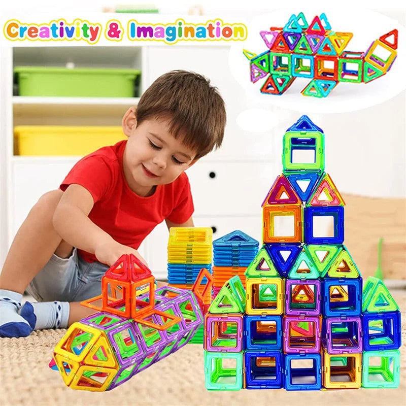 Premium magnetic building blocks in various shapes and sizes, showcasing the endless creative possibilities for kids