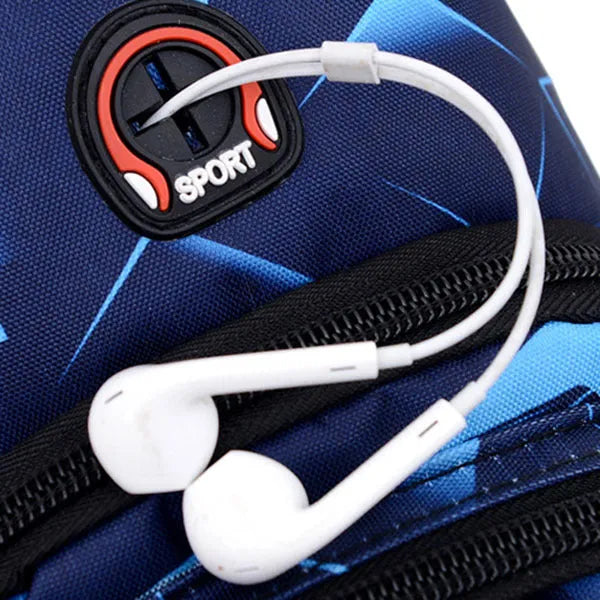 A blue print sling chest bag for men with an earphone hole, shown in a square vertical crossbody style.