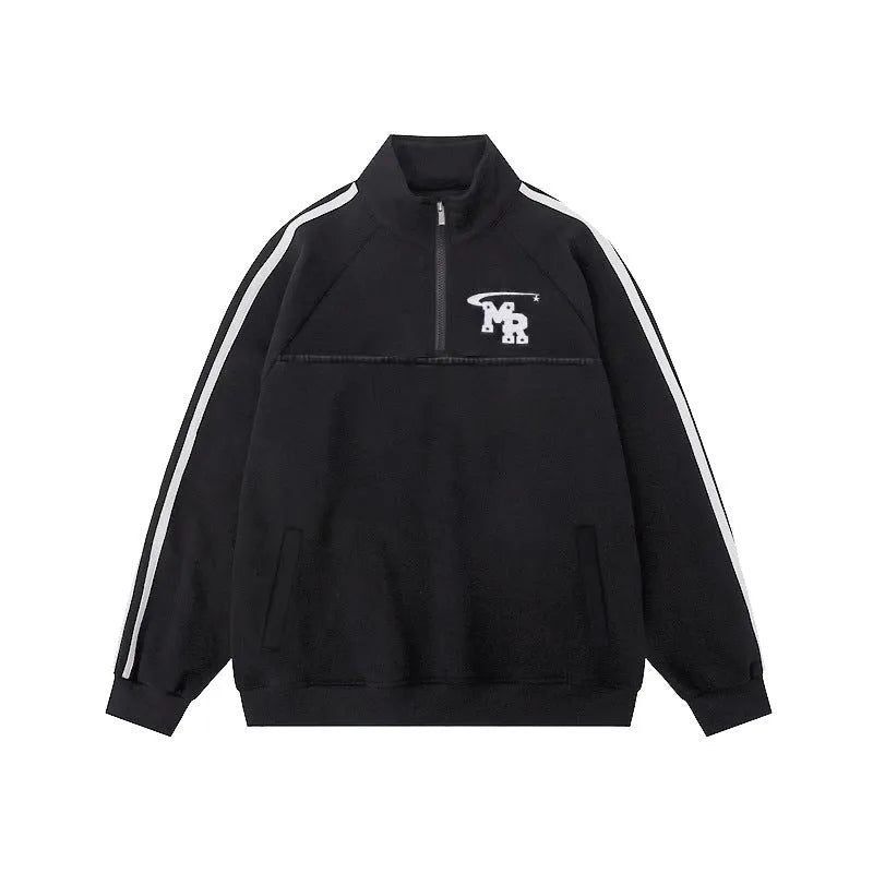 Black Hong Kong style stand collar couple sweater with long sleeves and a coat-style design.
