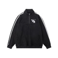 Black Hong Kong style stand collar couple sweater with long sleeves and a coat-style design.