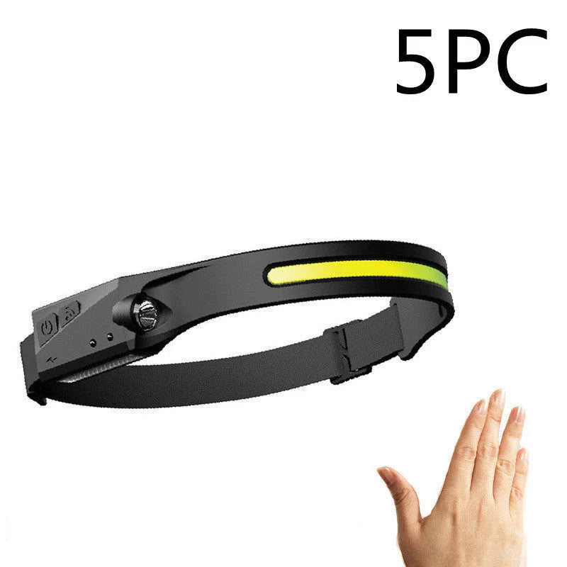 COB LED Induction Riding Headlamp Flashlight with USB rechargeable and waterproof features for outdoor activities