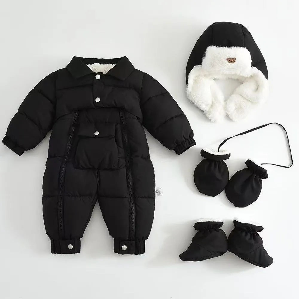 Baby cotton-padded thicken crawler suit with detachable hood in white on a baby