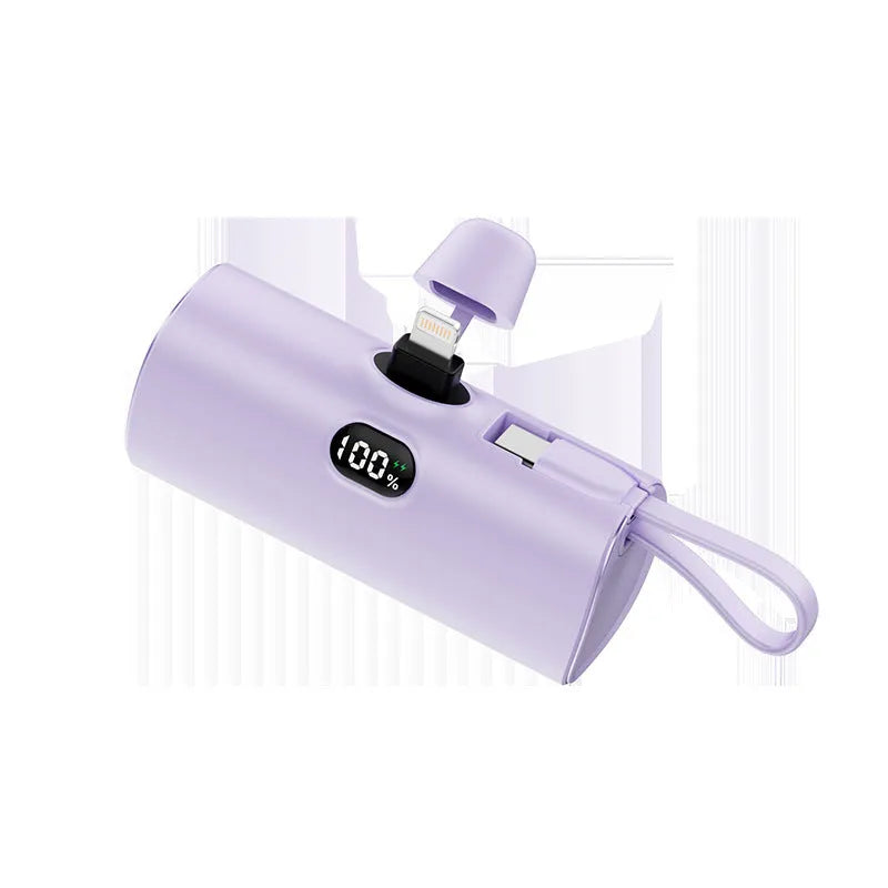 Compact digital display power bank with built-in foldable plug in five colour options.