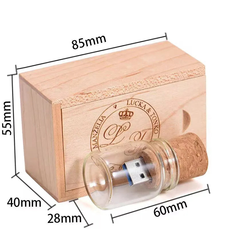 Transparent plastic bottle-shaped USB flash drive with a wooden ship model inside.