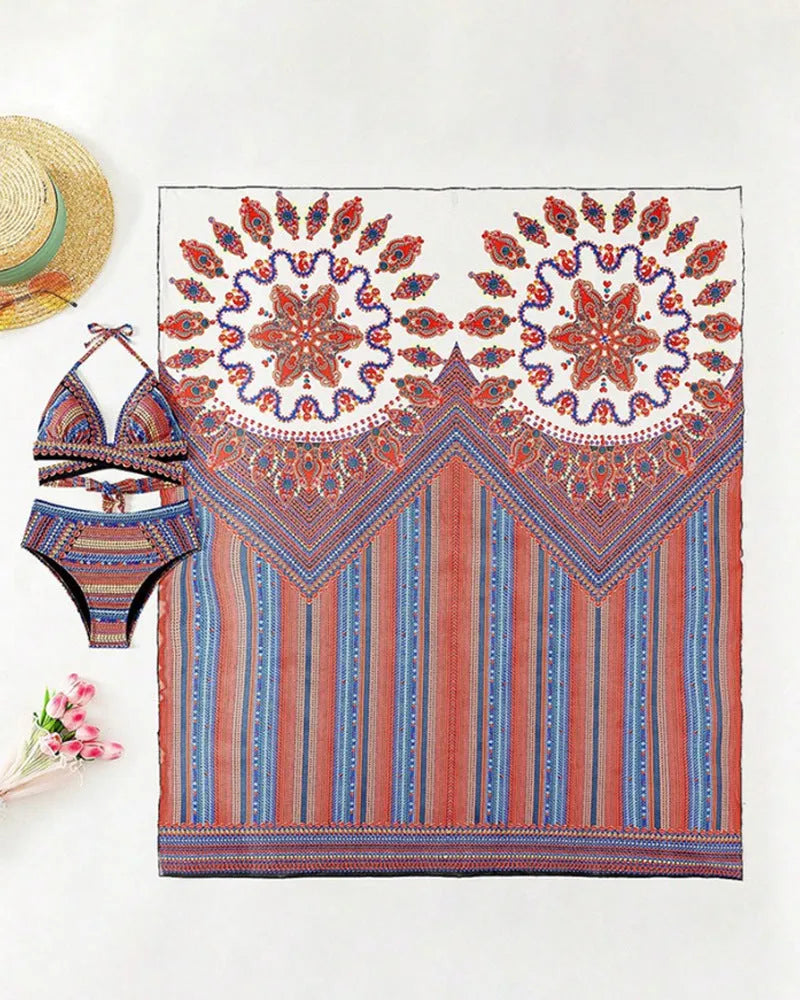 Women's three-piece swimsuit set showing a cutout blouse, high-waist briefs, and a matching coat.