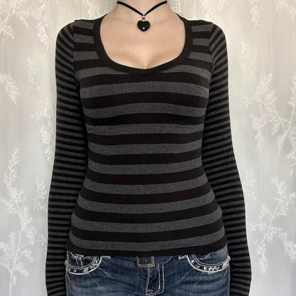 Black and grey striped women's long sleeve sweater t-shirt with slim fit European styling
