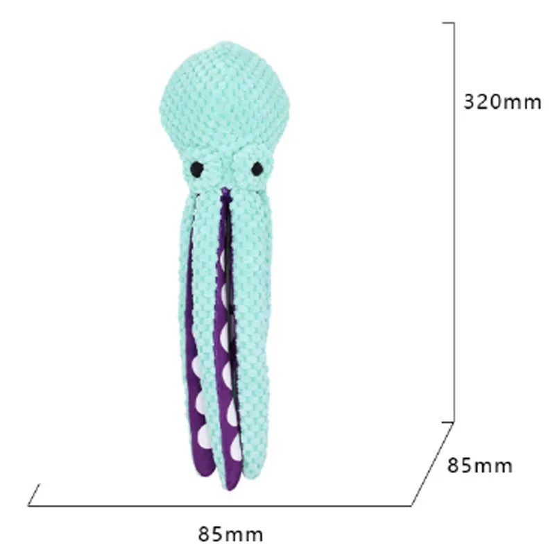 Blue plush octopus dog toy with long legs and cartoon eyes for chewing and interactive play.