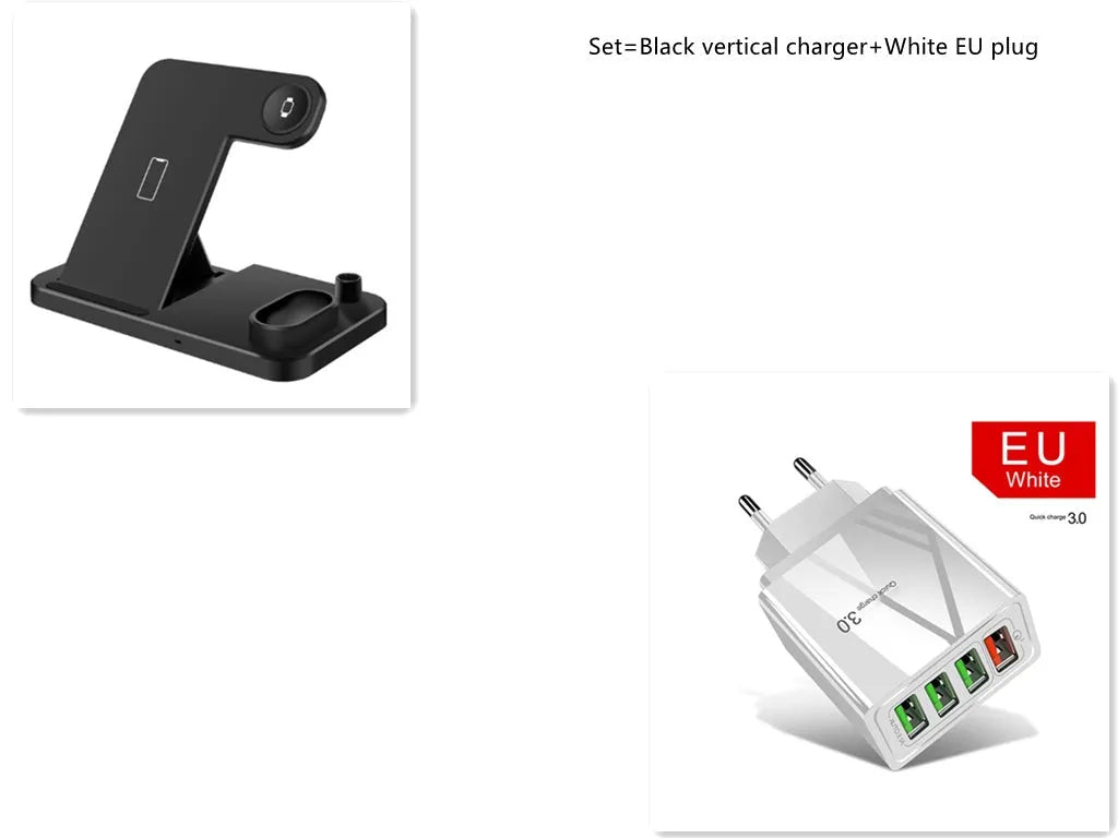 Black 4-in-1 wireless charging station showing phone on adjustable stand, with Apple Watch and AirPods charging on the base.