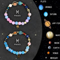 Set of two natural stone beaded bracelets for twelve zodiac signs on a white background.