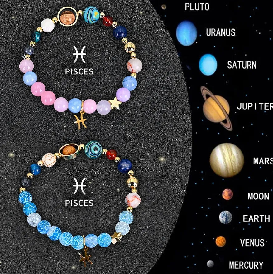Set of two natural stone beaded bracelets for twelve zodiac signs on a white background.