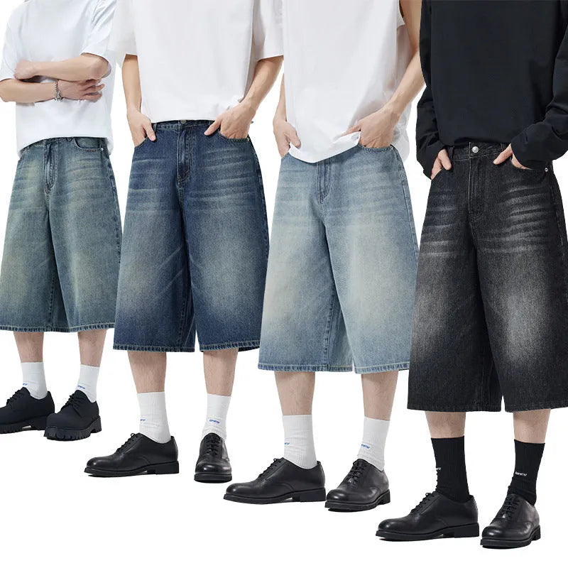 Men's loose straight-leg cropped denim shorts in multiple colour options
