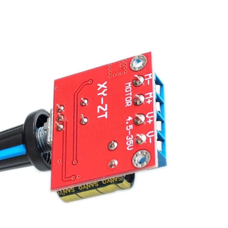 PWM DC motor governor module with connection terminals and adjustment potentiometer for speed control