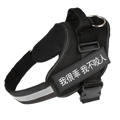 Custom black adjustable no-pull dog harness with reflective straps and D-ring, fits 25-120cm bust for small to large breeds