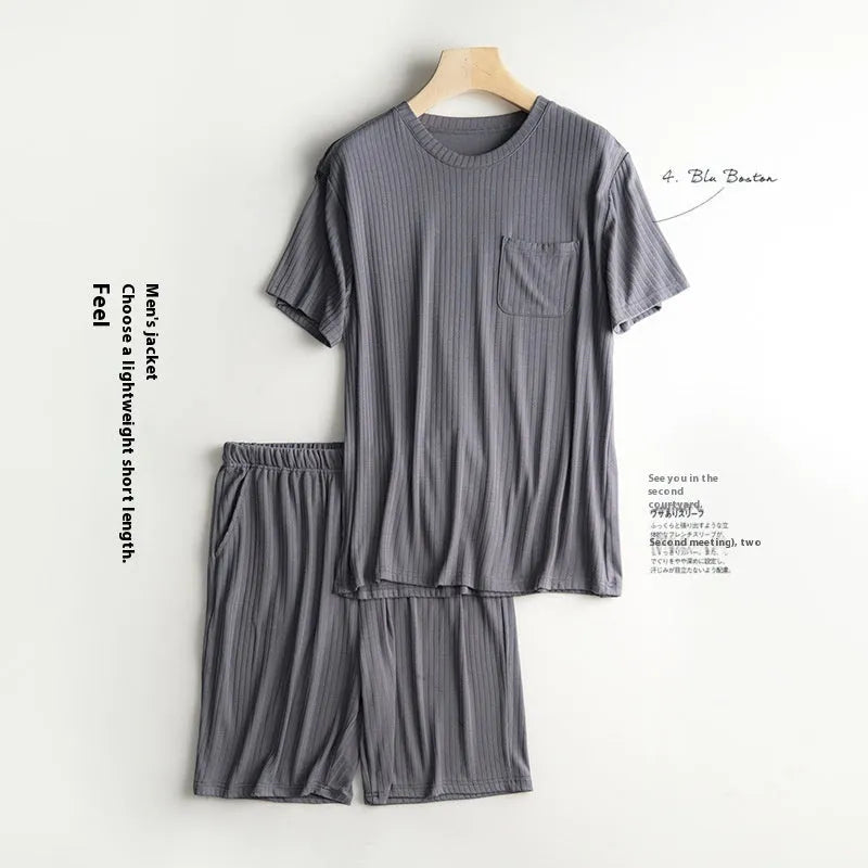Men's thin summer T-shirt and shorts suit in oatmeal colour with deep gray shorts, polyester fabric, quarter sleeves, size L to XXXL