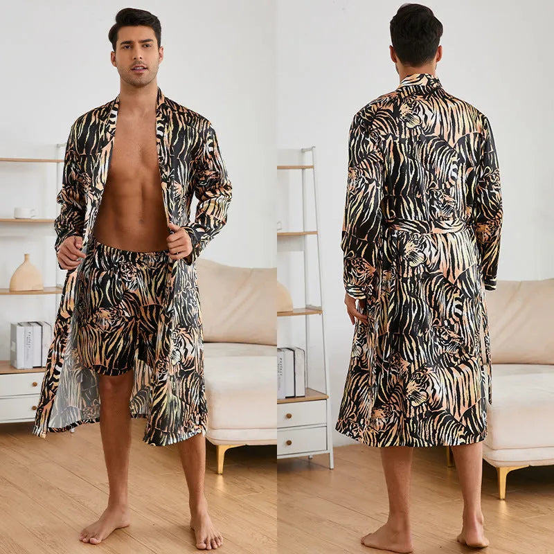 Men's tiger patterned bathrobe set with long sleeves and matching shorts on hanger