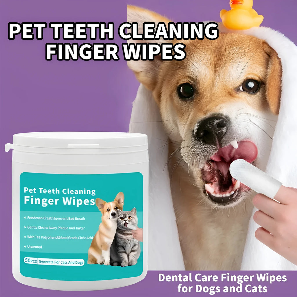 Box of disposable pet cleaning wipes for dog and cat ear care and tooth cleaning, showing 50 ear wipes and 50 tooth wipes