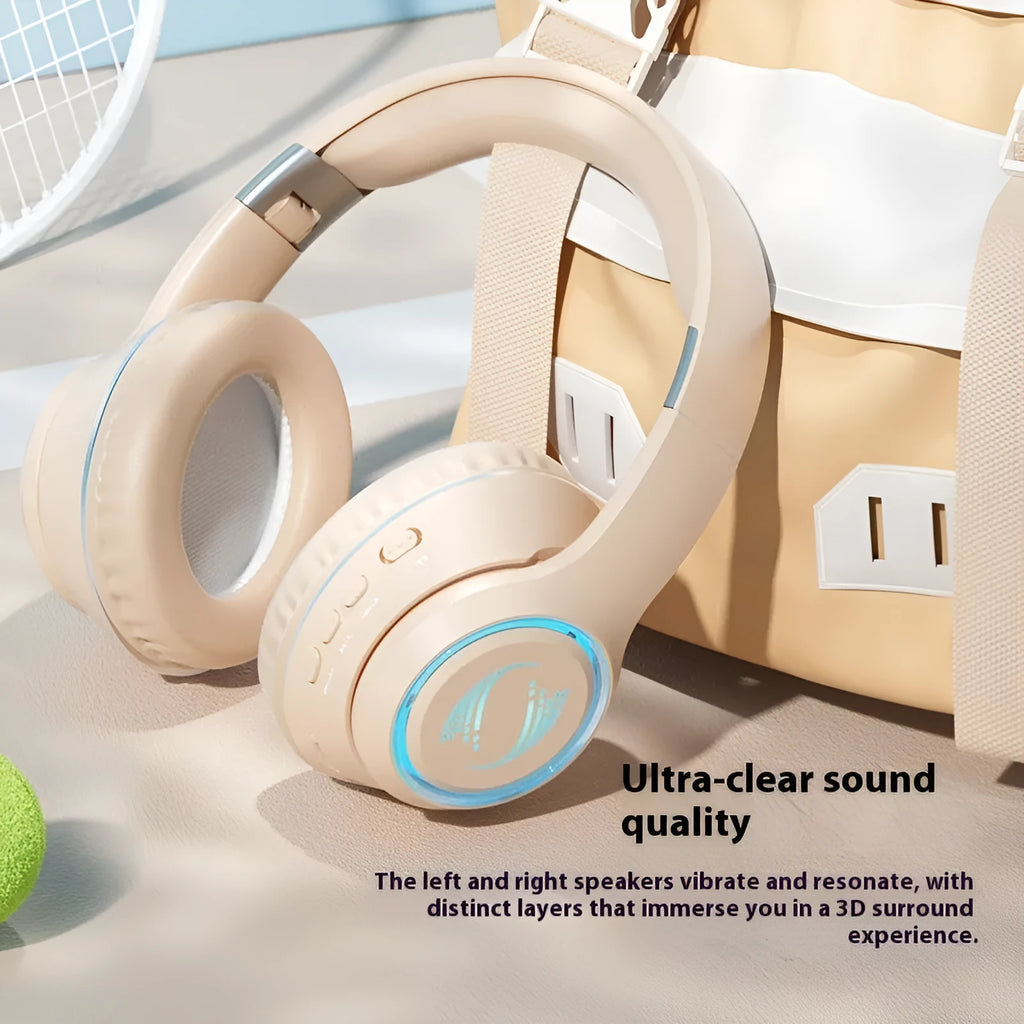 Wireless Bluetooth gaming headset with subwoofer, noise reduction, and breathing light in black colour on a desk.