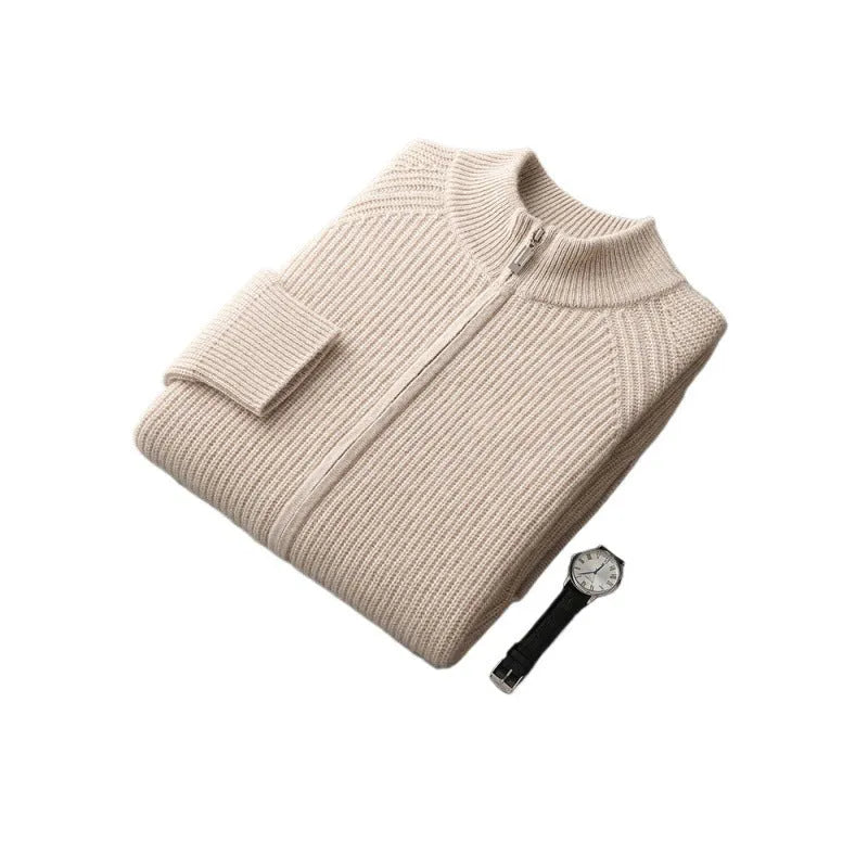 Men's half turtleneck zipper cardigan in solid colour, thickened wool yarn jacket for winter