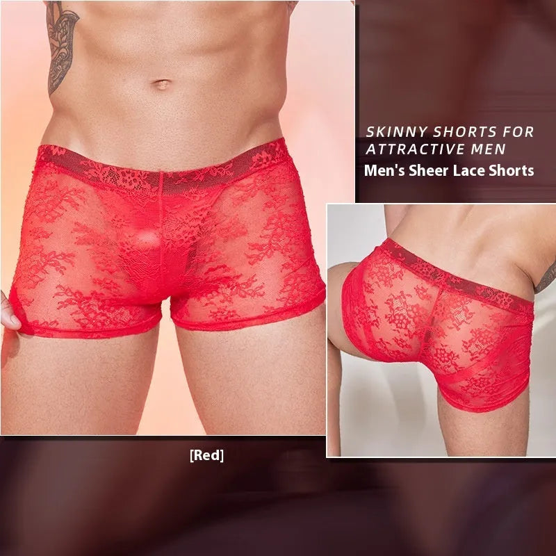 Men's black nylon boxers with white lace detailing on a free size hanger.