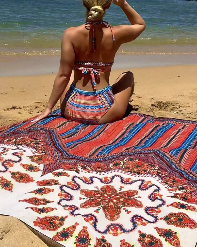 Women's three-piece swimsuit set showing a cutout blouse, high-waist briefs, and a matching coat.