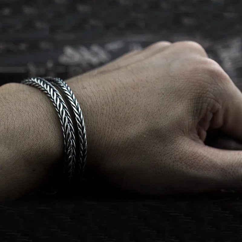 Vintage braided keel 925 silver bracelet for men in retro wave style photo colour