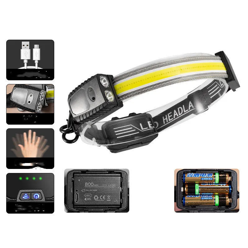 Black multifunctional headlamp with gesture control for outdoor and emergency use