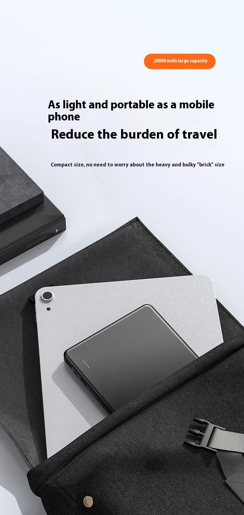 Small portable white 20000mAh fast charge power bank with QC3.0 graphene cell on a flat surface