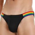Men's nylon mesh briefs with rainbow waistband in black, white and dark blue colours