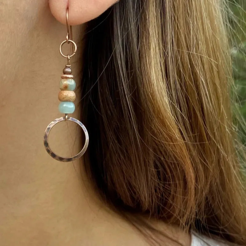 Hammered turquoise beaded pendant earrings retro geometric style zinc alloy electroplated picture colour women's fashion