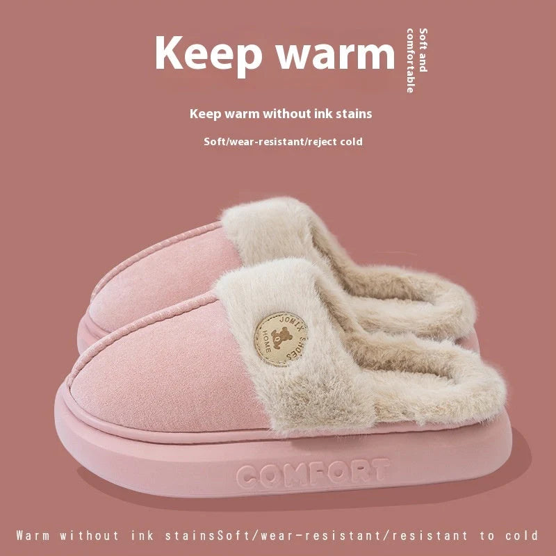 Winter plush slippers for women and men in various colours, featuring thick soles and soft fleece lining