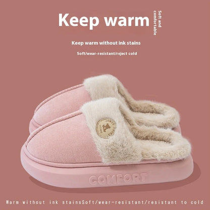 Winter plush slippers for women and men in various colours, featuring thick soles and soft fleece lining
