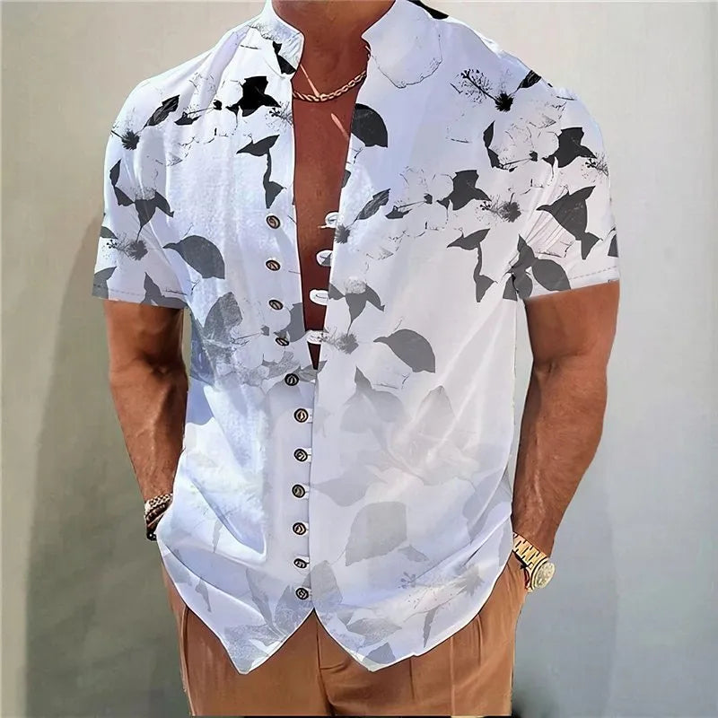 Youth wearing a short-sleeve cardigan shirt with a geometric 3D printed floral pattern in a blue colour.