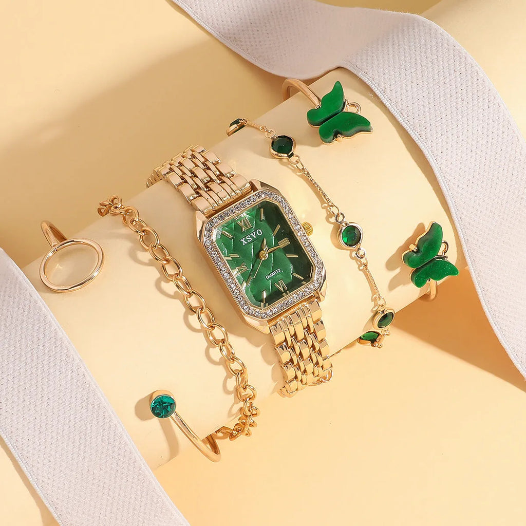 Gold green women's square watch with four matching bracelets showing 25mm dial and jewellery buckle