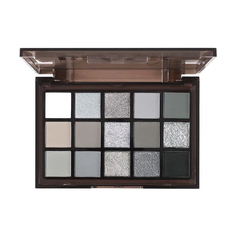 15-colour earth tone eye shadow palette with brown and blue shades for smoky European makeup looks