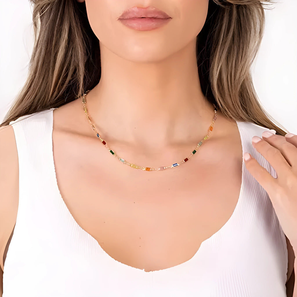 Ladies geometric crystal necklace with coloured glaze pendant on an alloy chain.