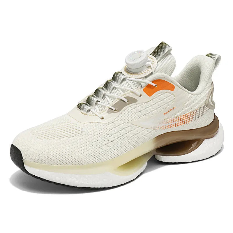 Men's white Fly-knit mesh running shoes with a rotating buckle fastener and TPU sole.