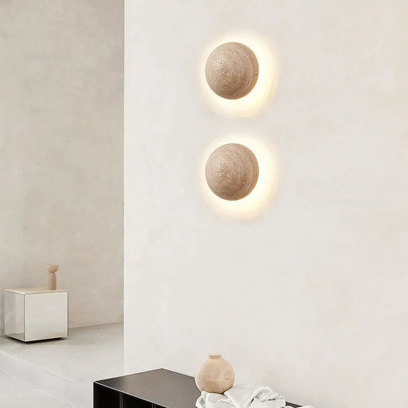 Yellow semicircular cave stone wall lamp with wood art base measuring 15cm in diameter