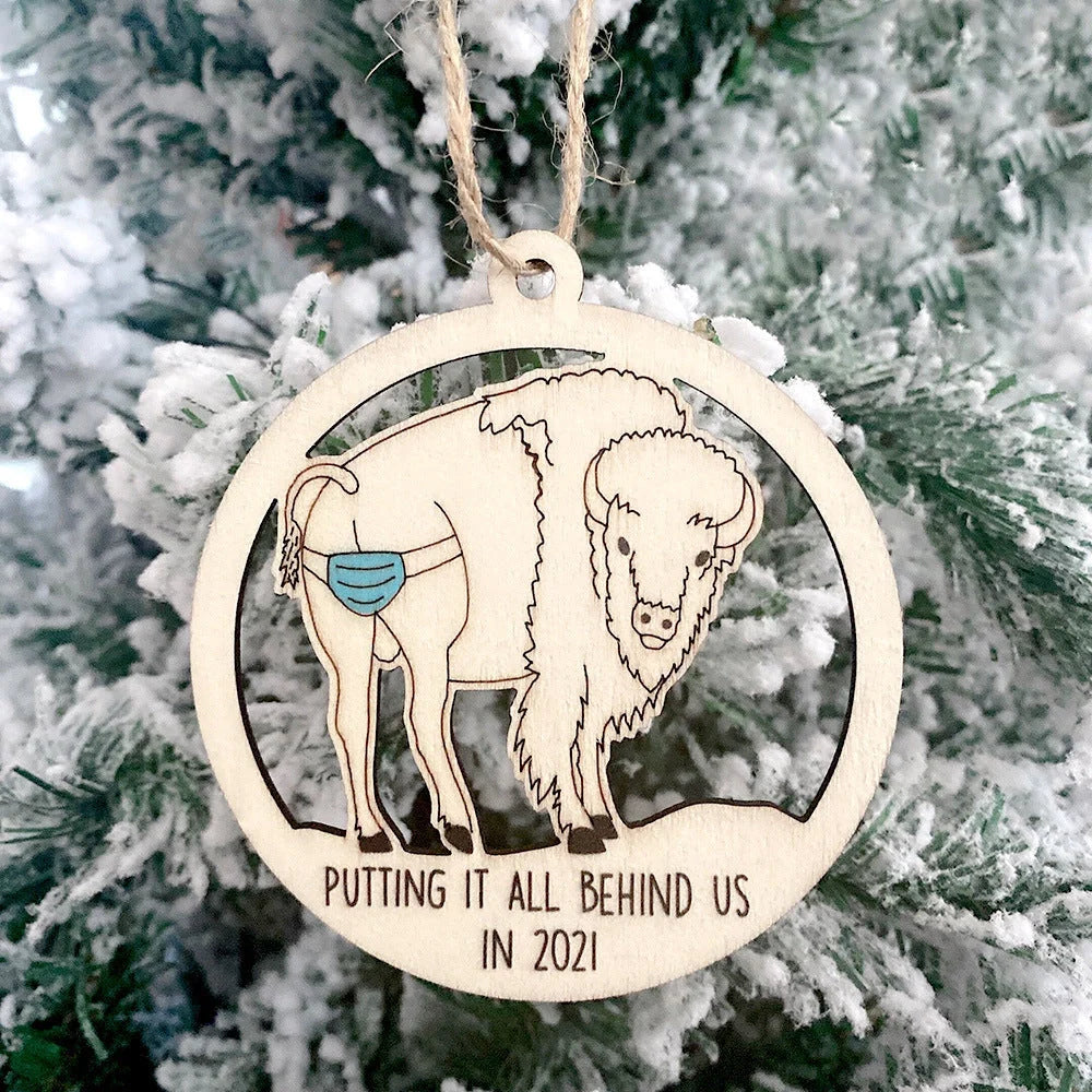 Wooden Christmas tree pendant with snowman and deer laser-cut design