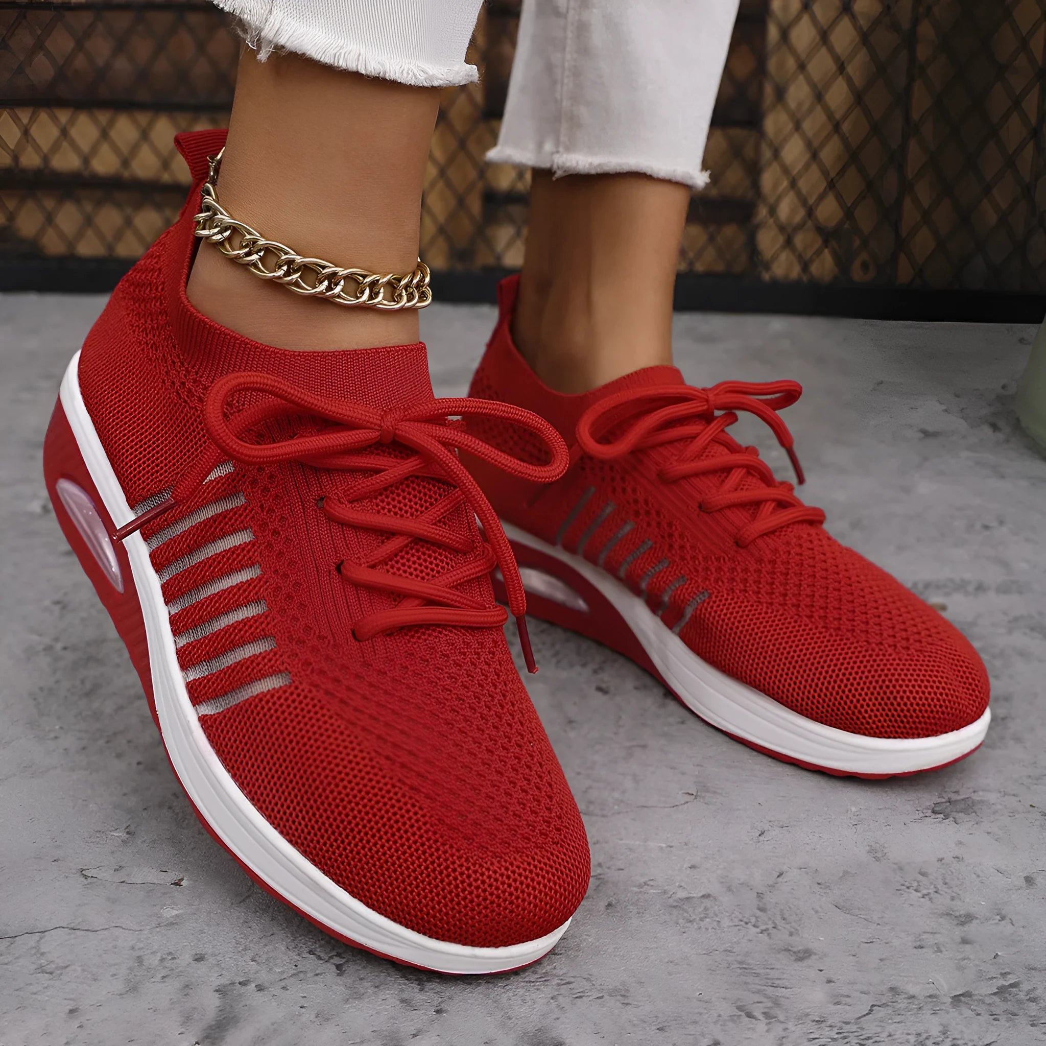 Women's mesh upper lace-up slip-on wedge sports shoes in black, low-top style with mid heel