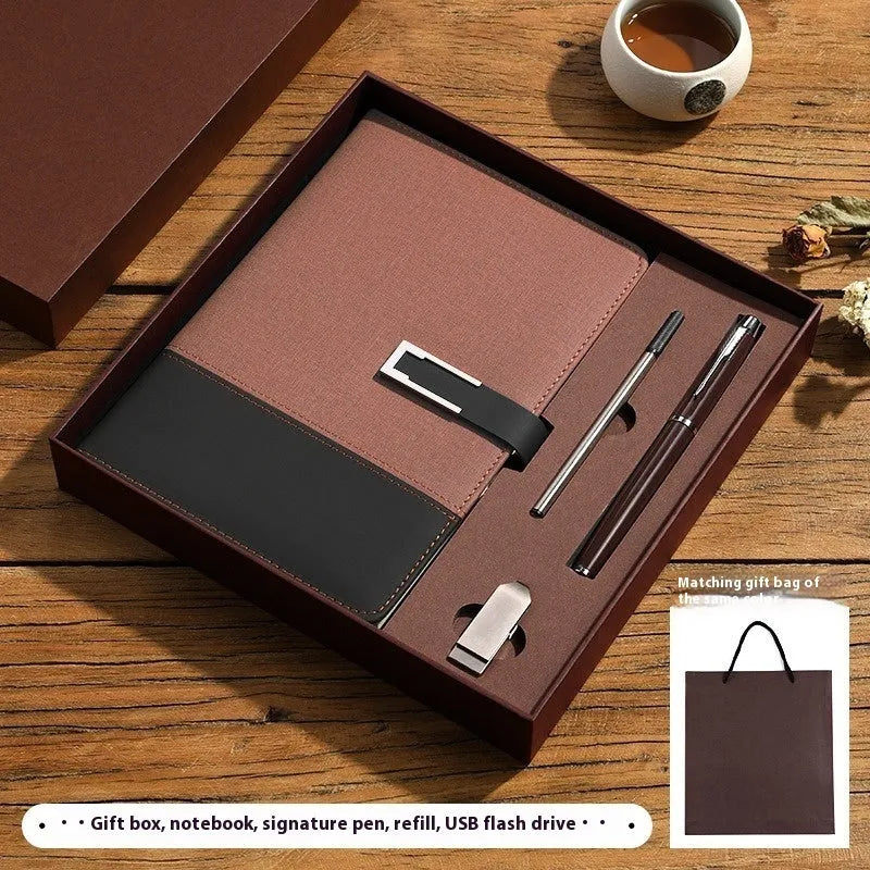 A5 soft PU leather business notebook in choice of five colours, shown with wood-free paper pages and optional gift box.
