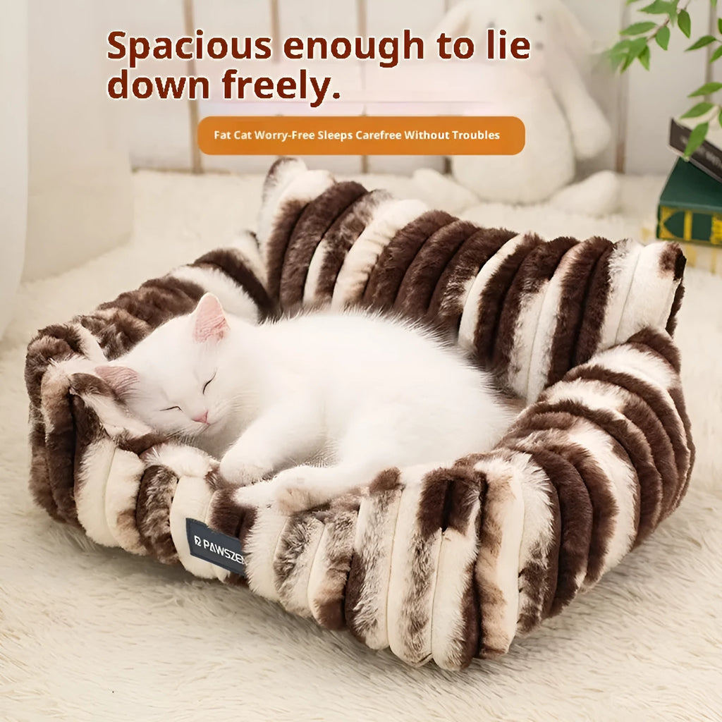 Large plush pet sofa bed for cats in brown with pattern drawing, size 75x55x25 cm